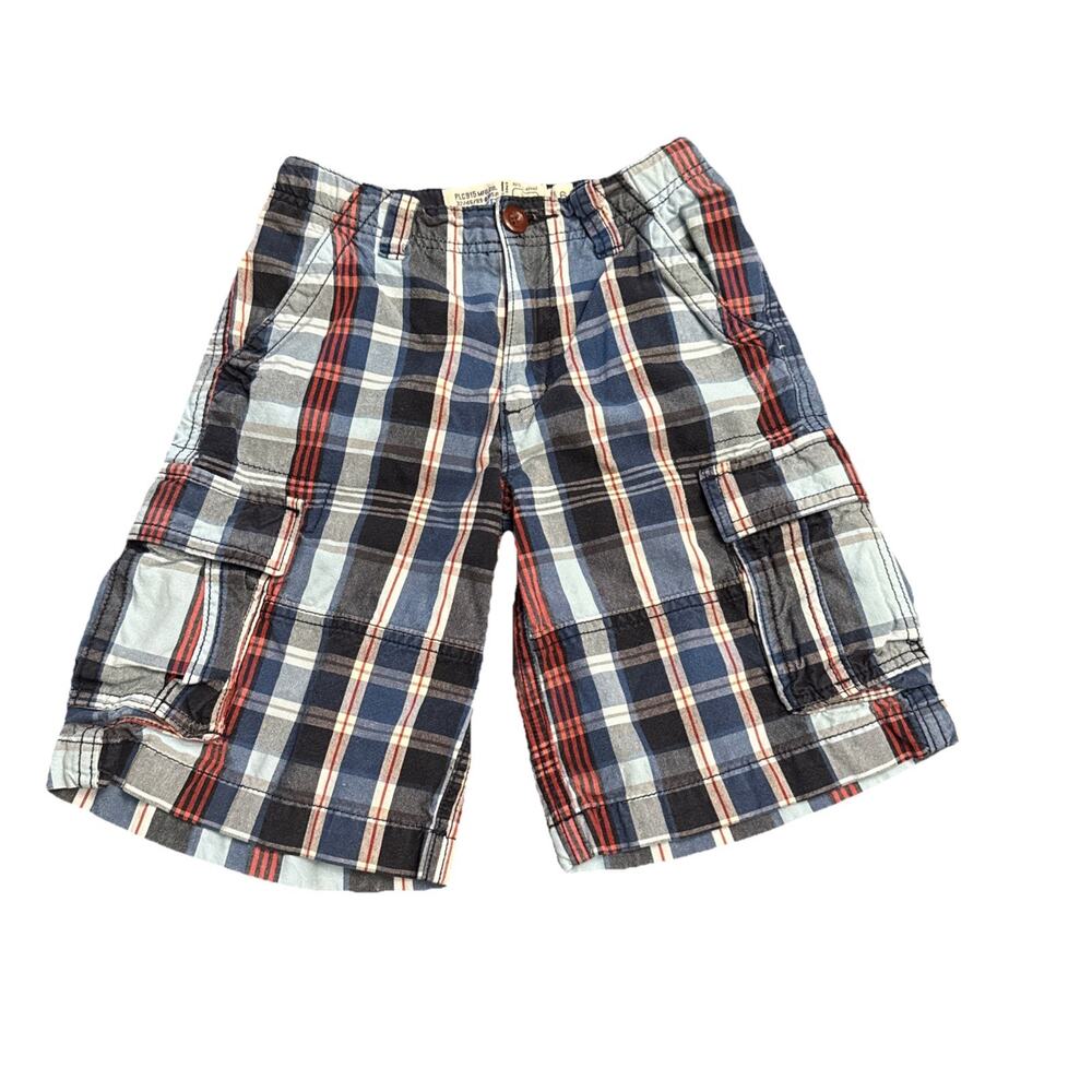 Children's Place Boys 100% Cotton Cargo Shirt Blue Gray Red Plaid Size 6 EUC